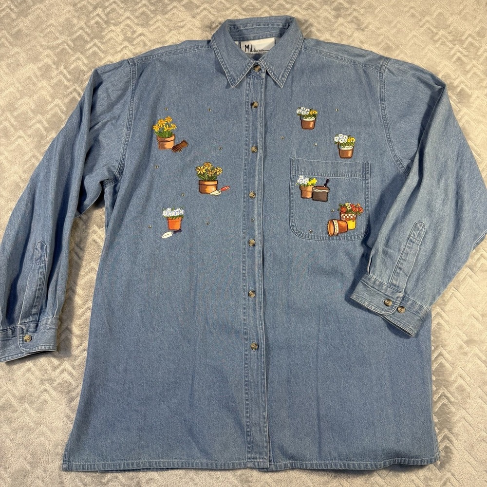 Vintage Denim Button-up Shirt Gardener  Tools Appliqués With Flowers Size‎ Large